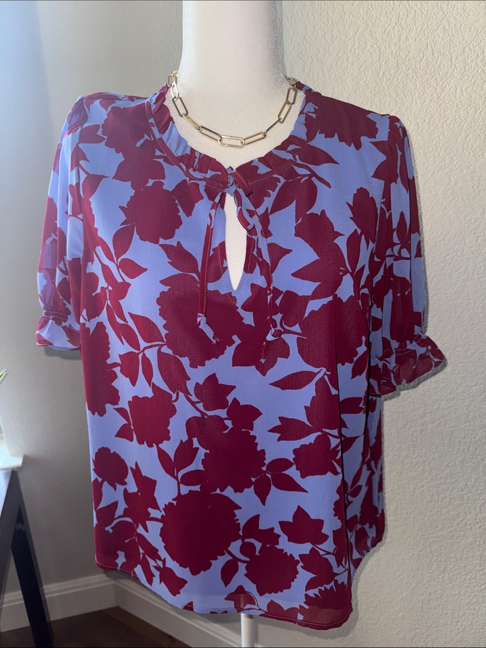 J. Crew Blue Blouse with Burgundy Floral Print